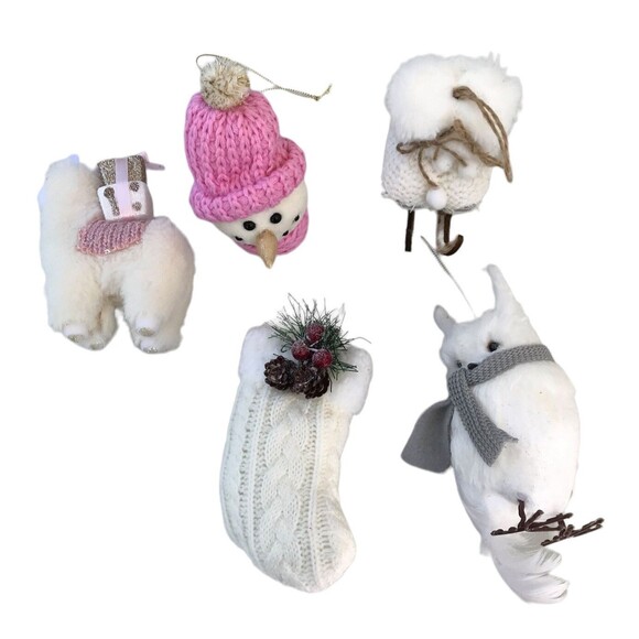 Christmas Ornaments White Owl Ice Skates Stocking Llama Snowman Head Lot of 5 - Picture 1 of 9